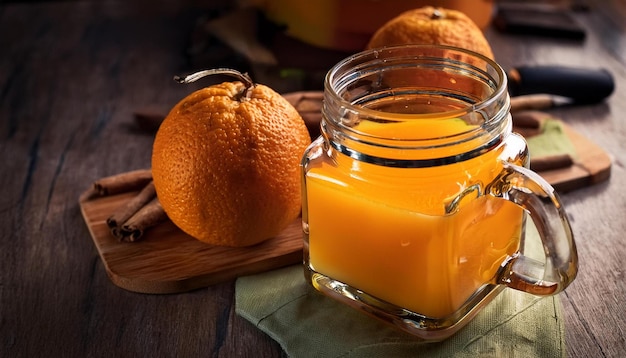 jug of orange juice with oranges