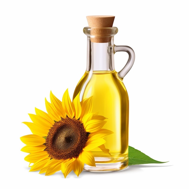 Jug with sunflower oil isolated on white for growth of hair