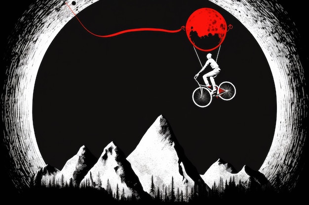 A juggler is dangling a bike from a tightrope between two mountains Here is an example