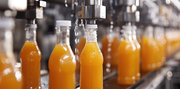 Photo juice bottles being filled on machine in a modern factory