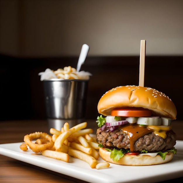 Juice burgerpotato and onion rings on a board