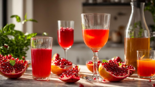 Juice fresh pomegranates on old background