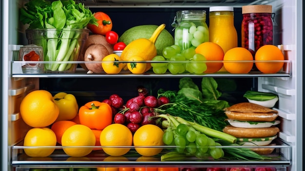 Juice and fresh vegetables in an open refrigerator with Generative AI