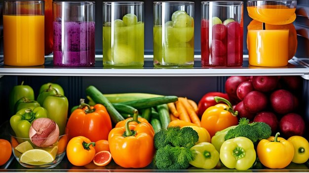 Juice and fresh vegetables in an open refrigerator with Generative AI