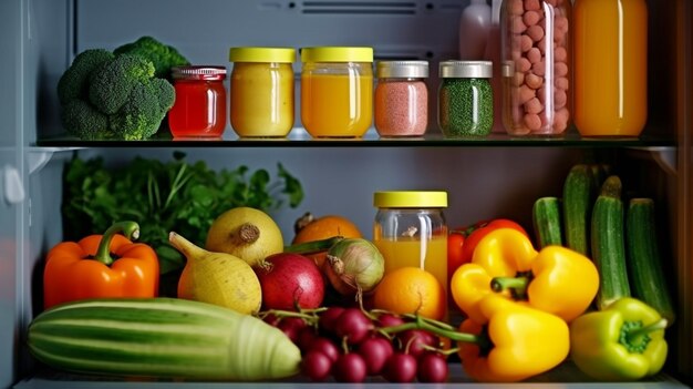 Juice and fresh vegetables in an open refrigerator with Generative AI