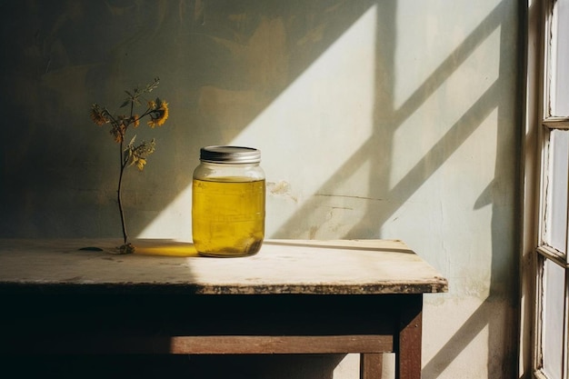 Photo juice in jar on table against wall