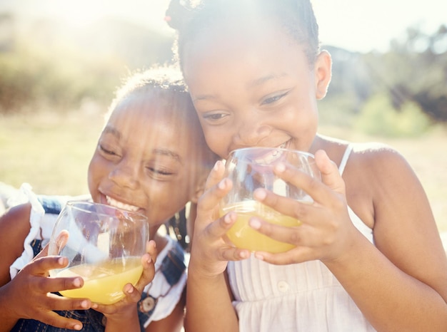 Juice kids and happy siblings on a picnic in joyful care and smiling in nature on holiday vacation Black children in healthy living with smile together drinking vitamin C fruit in outdoor happiness