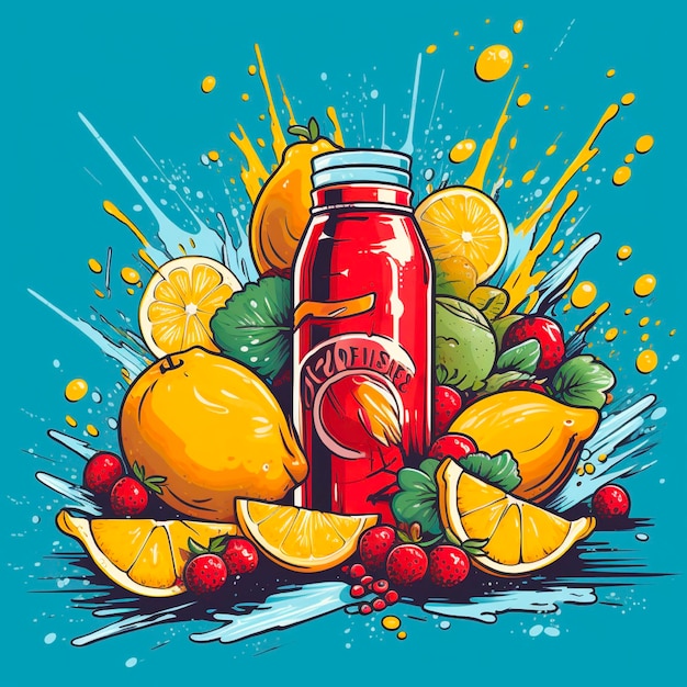 Juice spray and fruit illustration