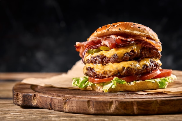 Juicy American burger, hamburger or cheeseburger with two beef patties, with sauce and basked on a black space