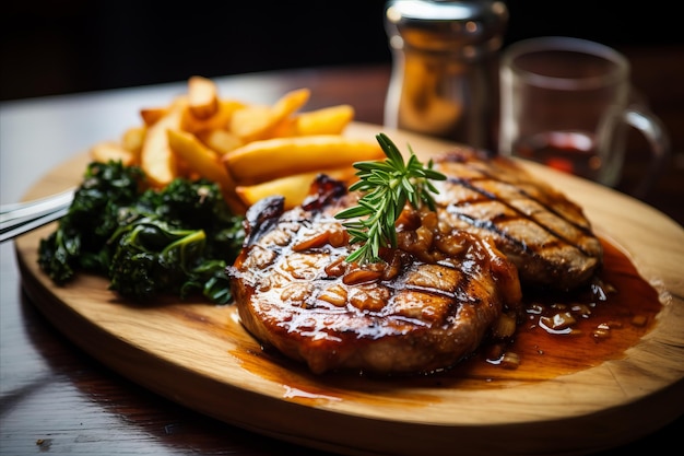 Juicy american steak with crispy golden chips and savory gravy perfectly served at the bar