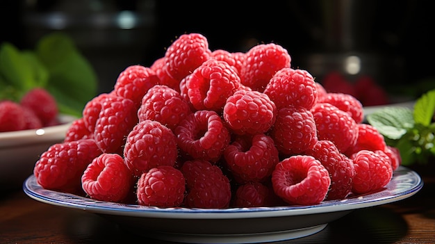 Juicy appetizing red raspberries lie on a plate on a wooden table on a dark background Ripe fresh healthy berry The topic of proper nutrition