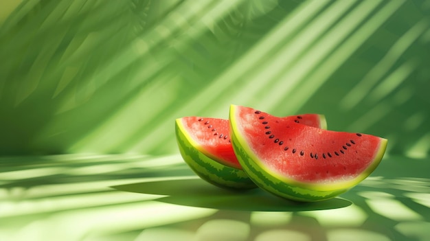 Juicy appetizing red watermelon on green background Photorealistic banner