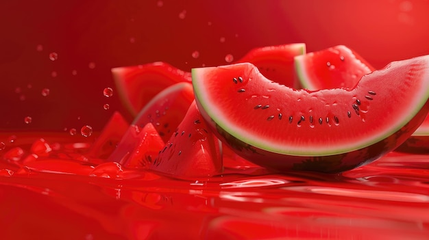 Juicy appetizing ripe watermelon on red background Splashes of watermelon juice Photorealism