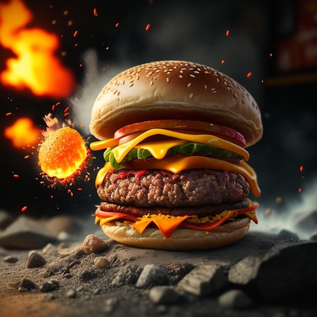 Juicy beautiful burger with fire