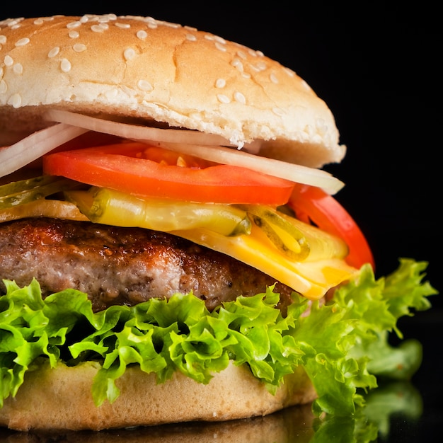 Juicy beef burger. Macro view