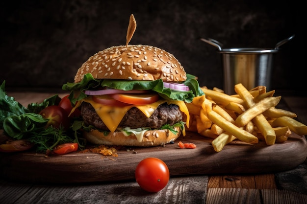 Juicy Beef Burger on rustic Wooden Table