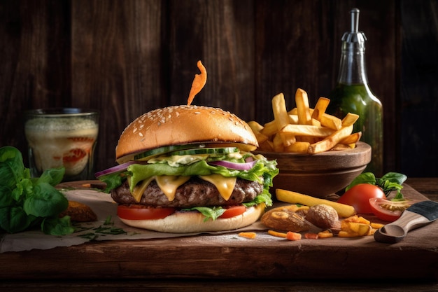 Juicy Beef Burger on rustic Wooden Table