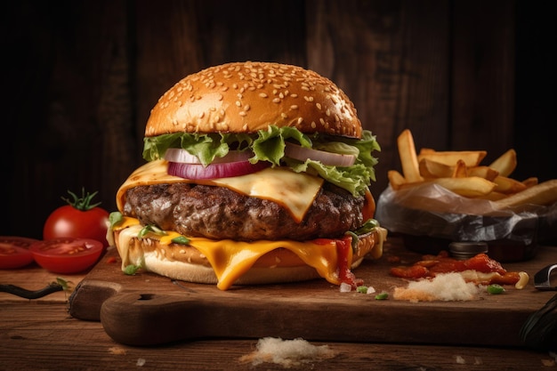 Juicy Beef Burger on rustic Wooden Table