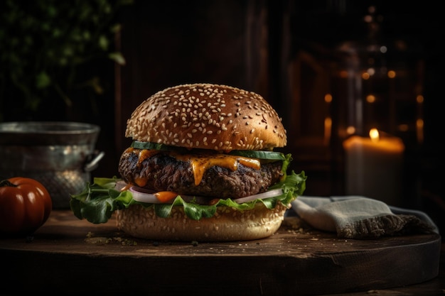 Juicy Beef Burger on rustic Wooden Table