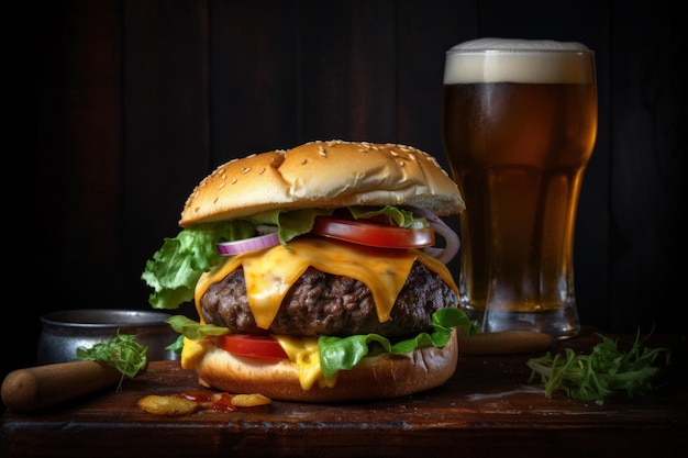 Juicy Beef Burger on rustic Wooden Table