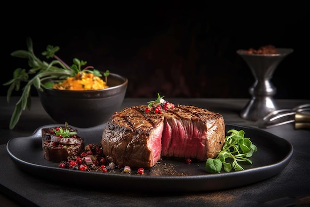 Juicy Beef Rib Eye Steak On Marble Textured Dark Background with Herbs Spices and Salt Ai generated