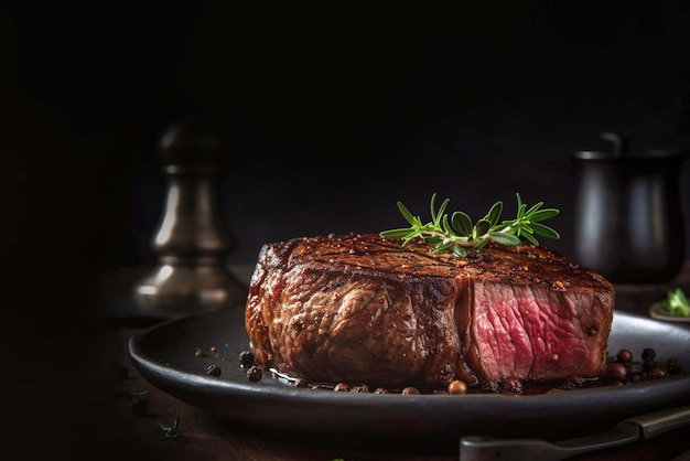 Juicy Beef Rib Eye Steak On Marble Textured Dark Background with Herbs Spices and Salt Ai generated