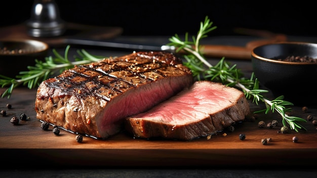 Juicy Beef Rib Eye Steak Slices on Wooden Board with Herbs Spices and Salt Ai generated