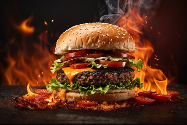 Juicy beefy burger on flaming smoked dark background