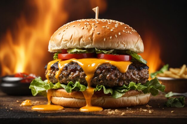 Juicy beefy burger on flaming smoked dark background