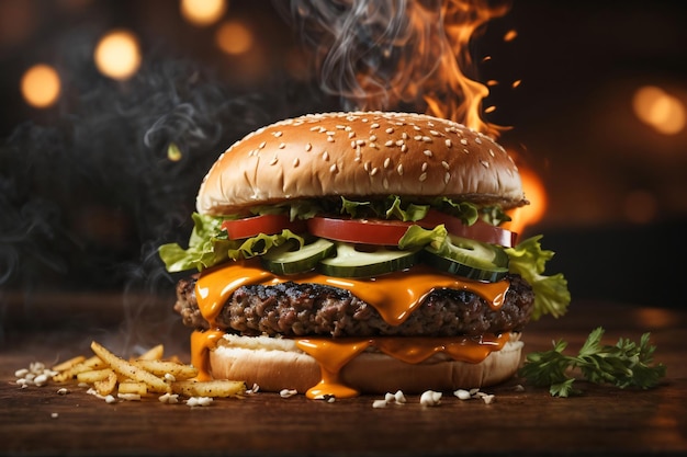 Juicy beefy burger on flaming smoked dark background