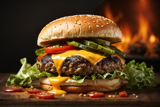 Juicy beefy burger on flaming smoked dark background