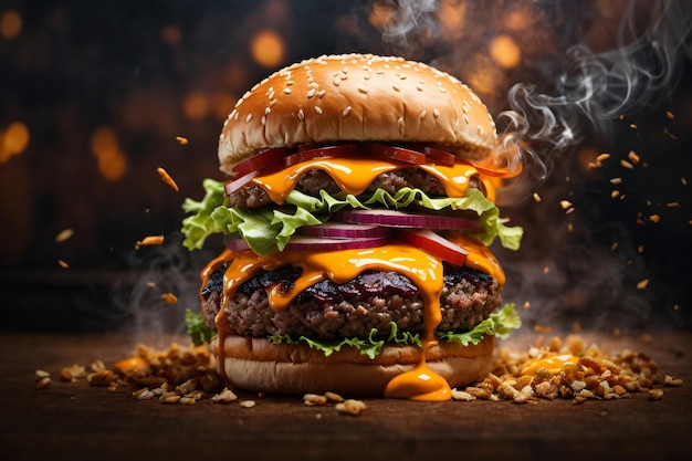 Juicy beefy burger on flaming smoked dark background