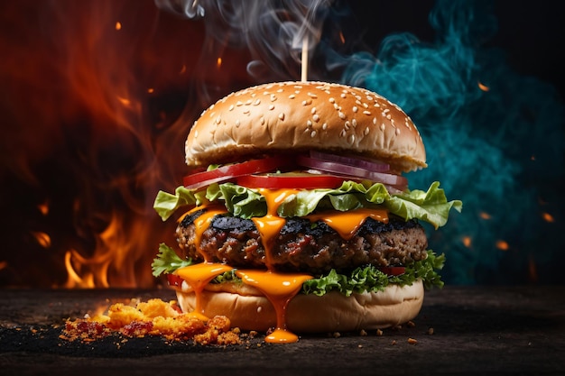 Juicy beefy burger on flaming smoked dark background