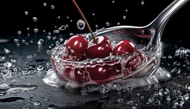 Juicy berry drops splash in refreshing water wave generated by AI