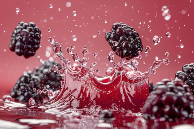 Photo juicy blackberries splashing into vibrant red liquid creating a refreshing and dynamic berry drink