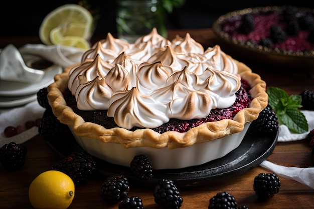 Juicy blackberry meringue pie topped with fresh fruit created with generative ai