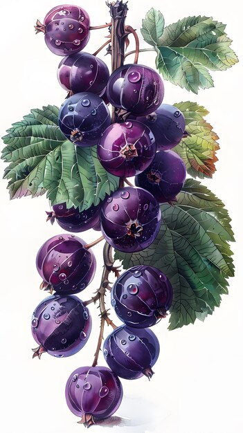 A juicy blackcurrant on a white background of an old botanical illustration with a clean and transparent background