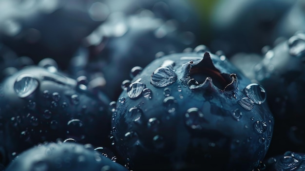 Juicy blueberries glisten with fresh droplets a closeup feast for the senses