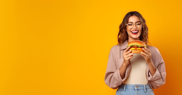 Photo juicy burger in hand stylish woman holding yummy cheeseburger with space for text