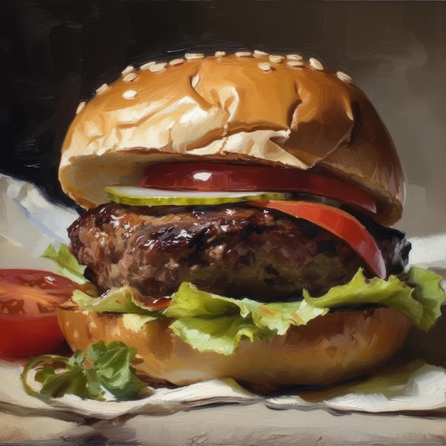 Juicy burger painting with abstract background