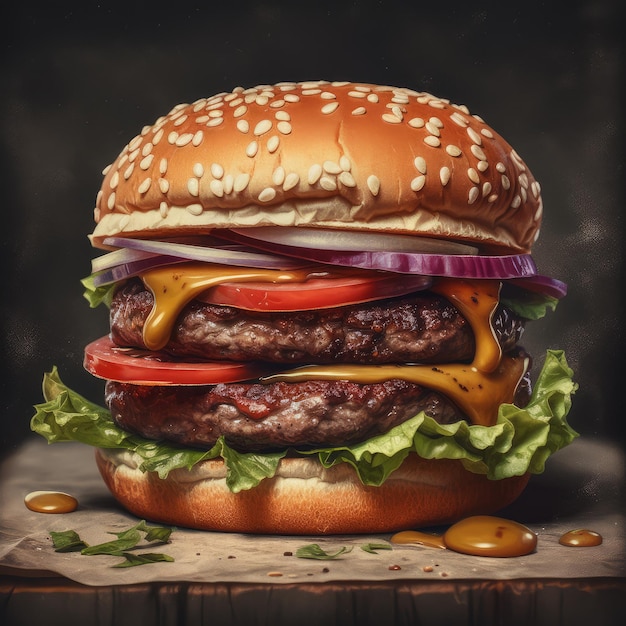 Juicy burger photorealistic illustration on abstract background