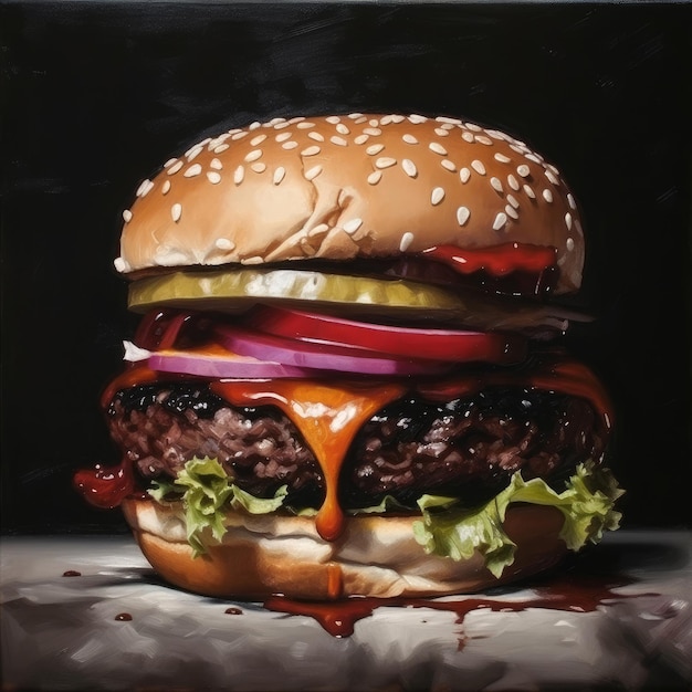 Juicy burger photorealistic illustration on abstract background