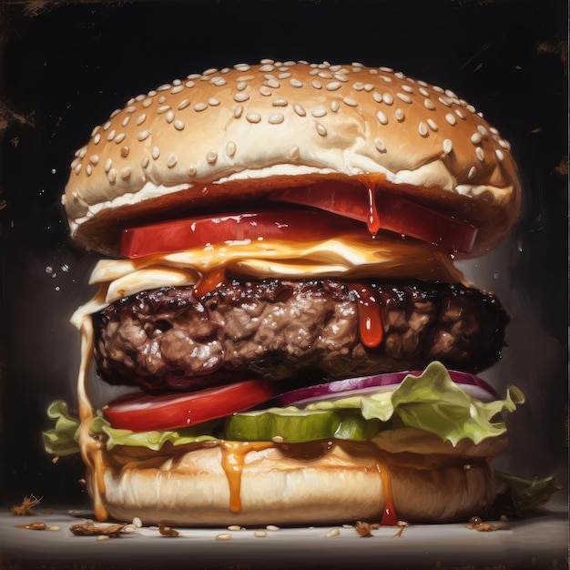 Juicy burger photorealistic illustration on abstract background