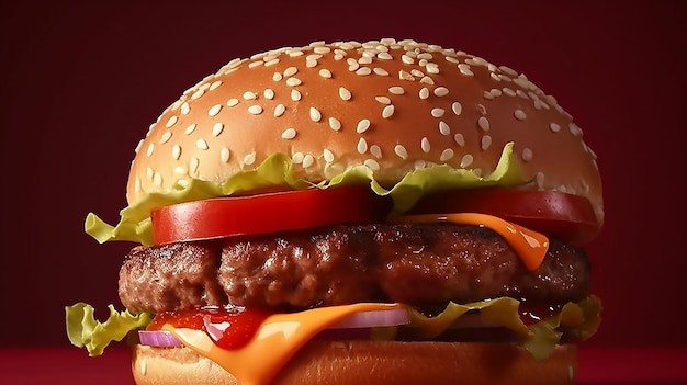 Juicy burger on a red background space for text