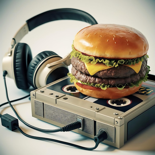 Photo a juicy burger takes center stage on a retro cassette player