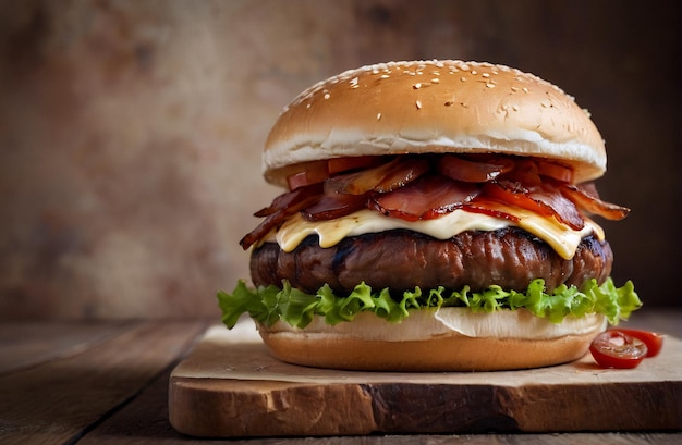 juicy burger with bacon copyspace