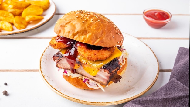 Juicy burger with bbq pork rib onion rings cheese and cabbage on a plate