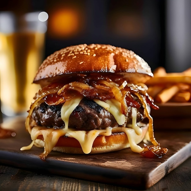 A juicy burger with cheese and bacon on a wooden board with a drink and fries in the background