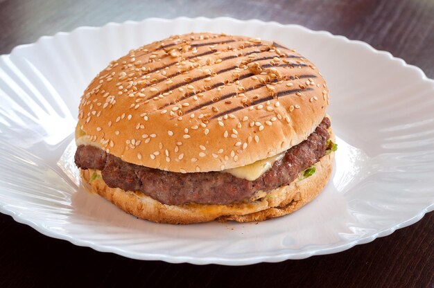 Juicy cheeseburger with cheese on a white plate