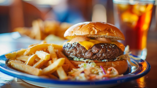 Photo juicy cheeseburger with crispy fries and coleslaw